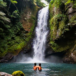Caribbean Holidays, Grenada Honeymoons, A lush Grenadian rainforest trail leading to a waterfall, with a couple swimming in the natural pool surrounded by tropical greenery