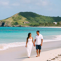 Caribbean Holidays, Grenada Honeymoons, A newlywed couple walking hand in hand along a quiet Grenada beach in warm May sunshine, turquoise sea and green hills in the background
