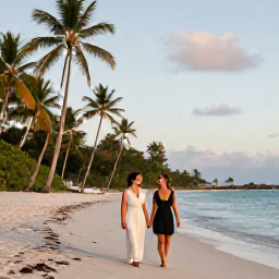 Caribbean Holidays, Grenada Honeymoons, A newlywed couple walking hand in hand along a quiet palm-fringed beach in Grenada at golden hour