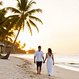 Caribbean Holidays, Grenada Honeymoons, A newlywed couple walking hand in hand along a quiet palm-fringed beach in Grenada at sunset