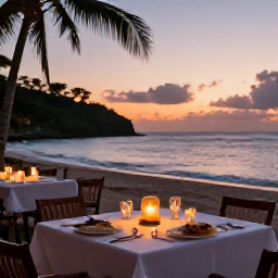 Caribbean Holidays, Grenada Honeymoons, A romantic beachfront restaurant in Grenada with a candlelit table, sunset sea view and local cuisine
