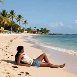 Caribbean Holidays, Grenada Honeymoons, A romantic couple relaxing on Grand Anse Beach in Grenada, soft golden sand, calm blue water and palm trees under a sunny sky