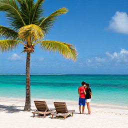 Caribbean Holidays, Grenada Honeymoons, A romantic white-sand beach with turquoise water, palm trees and two sun loungers in Grenada