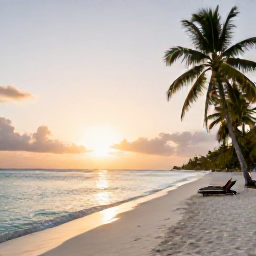 Caribbean Holidays, Grenada Honeymoons, A secluded white-sand beach in Grenada at sunset, with calm turquoise water, palm trees and two empty loungers