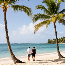 Caribbean Holidays, Grenada Honeymoons, A stylish beachfront honeymoon resort in Grenada, with a couple walking beside palm trees and the Caribbean Sea