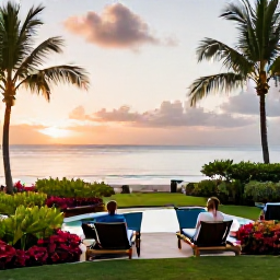 Caribbean Holidays, Grenada Honeymoons, A stylish beachfront hotel in Grenada at sunset, honeymooners relaxing on a terrace with tropical gardens and calm sea beyond