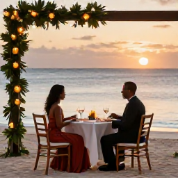 Caribbean Holidays, Grenada Honeymoons, An elegant beachfront dinner for two in Grenada at sunset, with candles, tropical greenery and the sea beyond