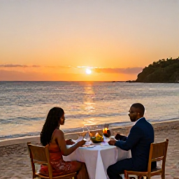Caribbean Holidays, Grenada Honeymoons, An intimate beachfront dinner for two in Grenada, with candles, local Caribbean food and a glowing sunset over the sea