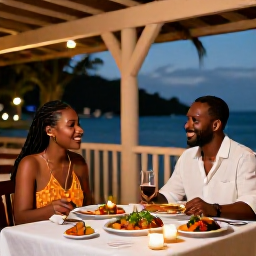 Caribbean Holidays, Grenada Honeymoons, Couple dining at an elegant open-air restaurant in Grenada, local Caribbean dishes and evening lights