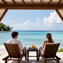 Caribbean Holidays, Grenada Honeymoons, Couple enjoying a peaceful luxury hotel terrace overlooking the Caribbean Sea in Grenada