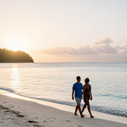 Caribbean Holidays, Grenada Honeymoons, Couple walking along Grand Anse Beach in Grenada at sunrise, calm turquoise water and soft golden light