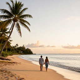 Caribbean Holidays, Grenada Honeymoons, Couple walking hand in hand along a quiet golden beach in Grenada at sunset, calm Caribbean Sea, palm trees and warm evening light