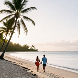 Caribbean Holidays, Grenada Honeymoons, Couple walking hand in hand along a quiet Grenada beach at sunrise, palm trees and calm Caribbean water