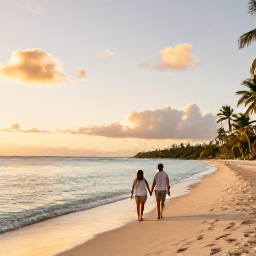Caribbean Holidays, Grenada Honeymoons, Couple walking hand in hand along a quiet Grenada beach at sunset, with calm turquoise water and palm trees