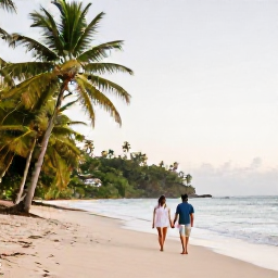 Caribbean Holidays, Grenada Honeymoons, Couple walking hand in hand along a quiet palm-fringed beach in Grenada at sunrise