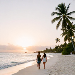 Caribbean Holidays, Grenada Honeymoons, Couple walking hand in hand along a quiet white-sand beach in Grenada at sunset, calm Caribbean sea and palm trees