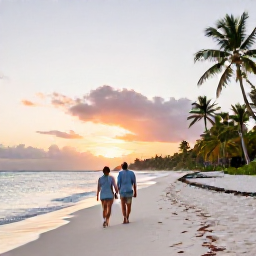 Caribbean Holidays, Grenada Honeymoons, Couple walking hand in hand along a quiet white-sand beach in Grenada at sunset, Caribbean sea and palm trees