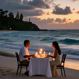 Caribbean Holidays, Grenada Honeymoons, Elegant candlelit dinner for two on a Grenada beach at dusk, gentle waves and warm island evening light