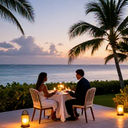 Caribbean Holidays, Grenada Honeymoons, Elegant honeymoon dinner for two on a Grenada terrace overlooking the sea at dusk, tropical setting and soft lantern light