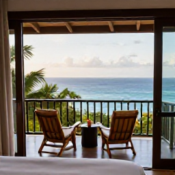 Caribbean Holidays, Grenada Honeymoons, Elegant honeymoon resort room in Grenada with private balcony, sea view, tropical greenery and soft morning light