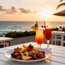 Caribbean Holidays, Grenada Honeymoons, Fresh Grenadian seafood and tropical cocktails served at an open-air restaurant overlooking the Caribbean Sea at sunset