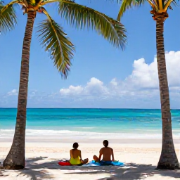 Caribbean Holidays, Grenada Honeymoons, Grand Anse Beach in Grenada with a honeymoon couple relaxing on white sand beneath palm trees
