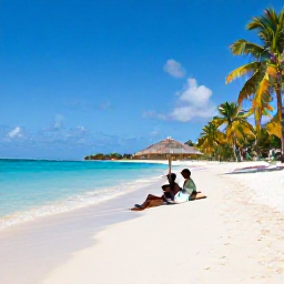 Caribbean Holidays, Grenada Honeymoons, Grand Anse Beach in Grenada with turquoise water, soft white sand, palm trees and a honeymoon couple relaxing under a parasol