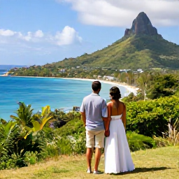 Caribbean Holidays, Grenada Honeymoons, Happy honeymoon couple exploring a lush Grenada viewpoint with coastline and Caribbean sea in the background