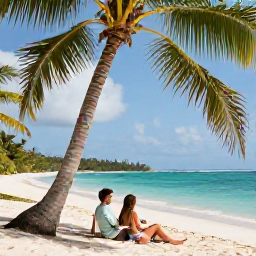 Caribbean Holidays, Grenada Honeymoons, Happy honeymoon couple relaxing on a quiet Grenadian beach beneath palm trees, turquoise sea, soft sunshine and natural tropical scenery