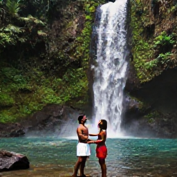 Caribbean Holidays, Grenada Honeymoons, Honeymoon couple exploring a lush Grenada rainforest beside a waterfall, tropical foliage and clear pool