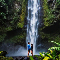 Caribbean Holidays, Grenada Honeymoons, Honeymoon couple exploring a lush Grenada rainforest near Concord Falls with tropical plants and a cascading waterfall
