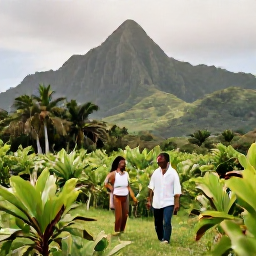 Caribbean Holidays, Grenada Honeymoons, Honeymoon couple exploring a lush Grenada spice garden with tropical plants and mountain scenery