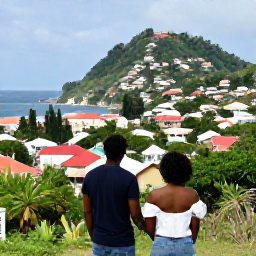 Caribbean Holidays, Grenada Honeymoons, Honeymoon couple exploring colourful St George's, Grenada, with hillside buildings, harbour views and tropical greenery