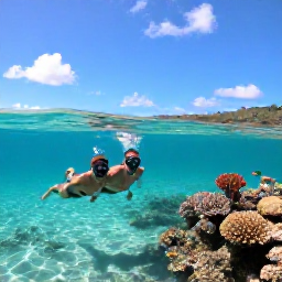 Caribbean Holidays, Grenada Honeymoons, Honeymoon couple snorkelling over clear turquoise water and colourful coral reef near Grenada, tropical fish and sunny sky