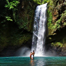 Caribbean Holidays, Grenada Honeymoons, Honeymoon couple swimming beneath a small waterfall in Grenada's lush rainforest, surrounded by tropical plants