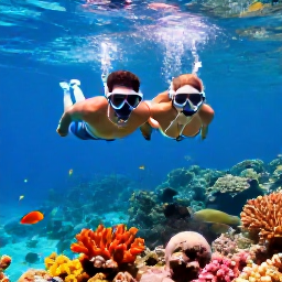 Caribbean Holidays, Grenada Honeymoons, Newlywed couple snorkelling in clear Caribbean water near Grenada, colourful coral reef and tropical fish visible below