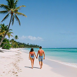 Caribbean Holidays, Grenada Honeymoons November, Couple walking hand in hand along a quiet Grenada beach in November, gentle Caribbean sunshine, turquoise sea and palm trees