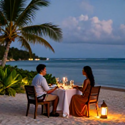 Caribbean Holidays, Grenada Honeymoons November, Elegant honeymoon dinner for two on a quiet Grenada beach at dusk, lanterns, tropical greenery and calm sea
