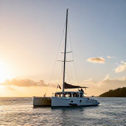 Caribbean Holidays, Grenada Honeymoons November, Newlywed couple sailing on a small catamaran beside Grenada's coastline at sunset