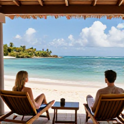 Caribbean Holidays, Grenada Honeymoons November, Romantic beachfront resort in Grenada with a couple relaxing on a private terrace overlooking the sea