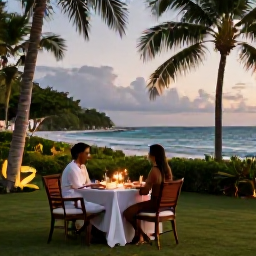 Caribbean Holidays, Grenada Honeymoons, Romantic beachfront dinner for two in Grenada, candlelit table, tropical garden, ocean view and gentle evening breeze