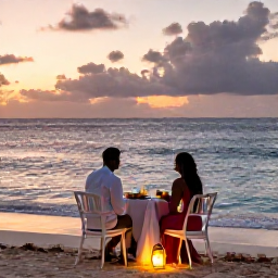 Caribbean Holidays, Grenada Honeymoons, Romantic beachfront dinner for two in Grenada with lanterns, local food and sunset over the Caribbean Sea