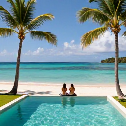 Caribbean Holidays, Grenada Honeymoons, Romantic couple relaxing on a quiet Grenada beach beside a private plunge pool, palm trees and turquoise sea