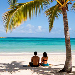 Caribbean Holidays, Grenada Honeymoons, Romantic couple relaxing on Grand Anse Beach in Grenada, turquoise sea, soft sand and shaded palm trees