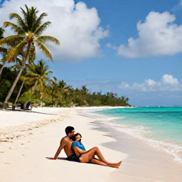 Caribbean Holidays, Grenada Honeymoons, Romantic couple relaxing on Grand Anse Beach with turquoise water, soft sand and palm trees