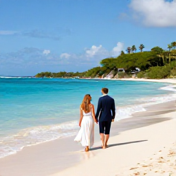 Caribbean Holidays, Grenada Honeymoons, Romantic Grand Anse Beach in Grenada with a newlywed couple on the sand, turquoise water and tropical sunshine