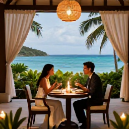 Caribbean Holidays, Grenada Honeymoons, Romantic outdoor dinner for two at a Grenada resort, with candles, tropical plants and a view of the Caribbean Sea