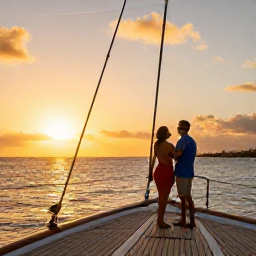Caribbean Holidays, Grenada Honeymoons, Romantic sunset sailing trip off Grenada with a couple on deck, golden sky and calm Caribbean sea