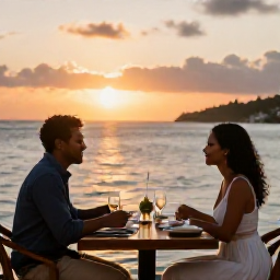 Caribbean Holidays, Grenada Honeymoons, Romantic waterfront restaurant in Grenada at sunset with a couple dining outdoors and the sea behind them