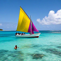 Caribbean Holidays, Grenada in April, A colourful traditional sailing boat and snorkellers exploring clear water near Grenada&rsquo;s coastline, with tropical fish and coral visible below